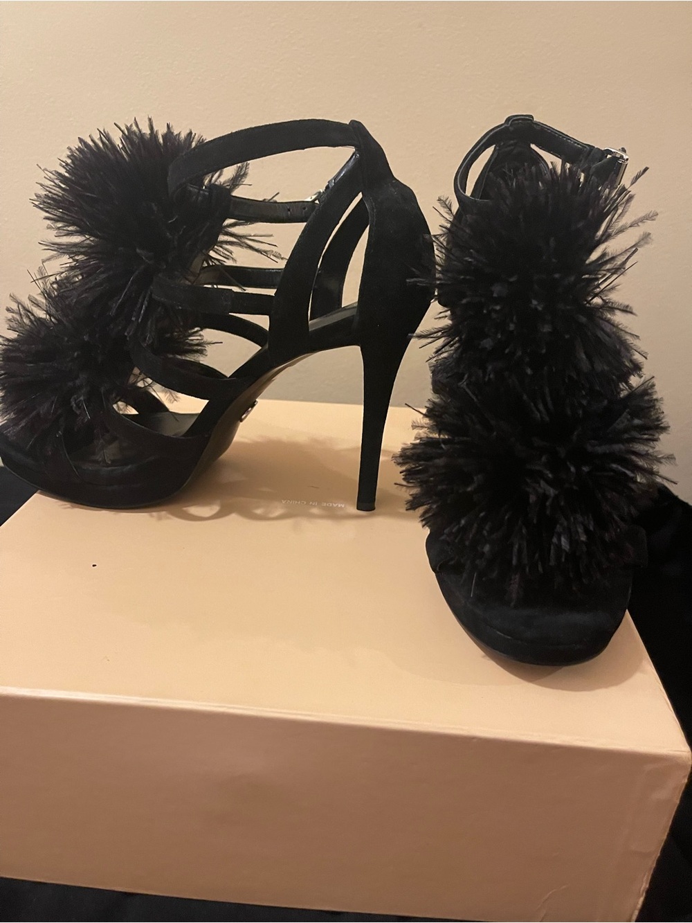 Women’s Black Feather-Trim High Heels